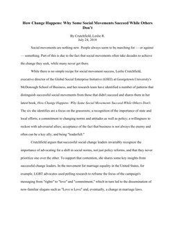 How Change Happens: Why Some Social Movements Succeed While Others 
Don’t 
 
By Crutchfield, Leslie R.  
July 24, 2018 
 
Soc
