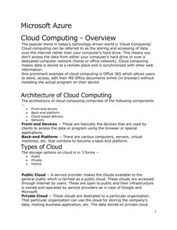 Microsoft Azure 
Cloud Computing - Overview
The popular trend in today's technology driven world is ‘Cloud Computing’. 
Cloud