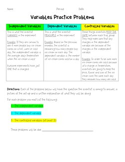 Name:                                                  Period:                 Date 
 
Variables Practice Problems 
Independe