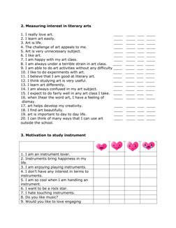 2. Measuring interest in literary arts
1. I really love art.
____   ____  ___  ____
2. I learn art easily.
____   ____  ___