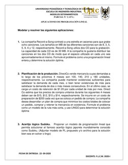 UNIVERSIDAD PEDAGÓGICA Y TECNOLÓGICA DE COLOMBIA 
ESCUELA DE INGENIERÍA INDUSTRIAL  
MODELOS DETERMINÍSTICOS  
PARCIAL N° 2 (