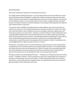 REFLECTION PAPER
How do you understand "Starting up: An Entrepreneurial Journey"?
As a college student studying Architecture,