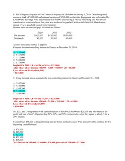 8.  Pell Company acquires 80% of Demers Company for $500,000 on January 1, 2010. Demers reported 
common stock of $300,000 an