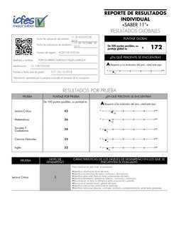 REPORTE DE RESULTADOS
INDIVIDUAL
•SABER 11°•
RESULTADOS GLOBALES
Fecha de aplicación del examen:
11 DE AGOSTO DE
2019
Fec