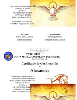 Santo, siendo el Ministro Ordinario
el Excmo. Y Revmo. 
Sr. Obispo 
D. FRANCISCO JAVIER
CHAVOLLA RAMOS
El día 14 de Julio de