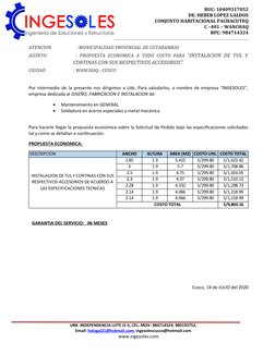 RUC: 10409317052
DE: HEBER LOPEZ GALDOS
CONJUNTO HABITACIONAL PACHACUTEQ 
C –401 – WANCHAQ
RPC: 984714324 
ATENCION