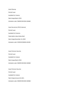 Avast Cleanup
Period:1 year
Available for:1 device
Next charge:May 8, 2021
Activation code: 2N4E49-MV2D42-4Z4482
Avast Secure
