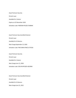 Avast Premium Security
Period:1 year
Available for:1 device
Expires on:25 November 2020
Activation code: HNZN3W-9YLGE2-5X48WA
