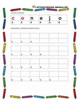 LECTOESCRITURA PRONALEES 
 
LECTURA Y ESCRITURA 
c 
o 
n 
e 
j 
o 
1 
2 
3 
4 
5 
6 
 
OBSERVAMOS Y FORMAMOS PALBARAS NUEVAS: