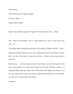 His Excellency, 
The Hon’ble Governor of Madhya Pradesh
Governor’s address,
Bhopal, Madhya Pradesh
Subject: Mercy Petition Ur