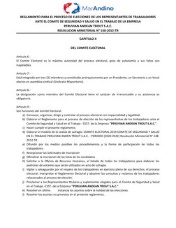 REGLAMENTO PARA EL PROCESO DE ELECCIONES DE LOS REPRESENTANTES DE TRABAJADORES
ANTE EL COMITE DE SEGURIDAD Y SALUD EN EL TRAB