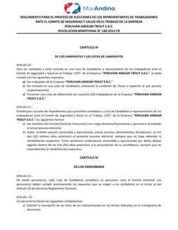 REGLAMENTO PARA EL PROCESO DE ELECCIONES DE LOS REPRESENTANTES DE TRABAJADORES
ANTE EL COMITE DE SEGURIDAD Y SALUD EN EL TRAB