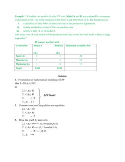 Example 1: Consider two models of color TV sets; Model A and B, are produced by a company
to maximize profit. The profit real