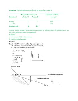 X2=125 Marketing equation
Cutting: 3X1+6X2=900
 (300,0)
FR
Example 4: The information given below is for the products A and B