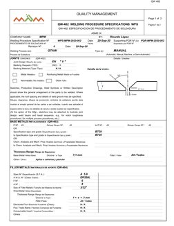 QW 482
QUALITY MANAGEMENT
Page 1 of  2
QW-482  WELDING PROCEDURE SPECIFICATIONS  WPS
Página 1 de 2
QW-482  ESPECIFICACION DE
