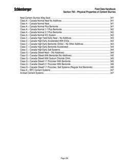 Field Data Handbook
Section 700 – Physical Properties of Cement Slurries
Page 284
Neat Cement Slurries 40kg Sack.............