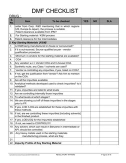 DMF CHECKLIST     
DRUG : 
S. 
No.
Item 
To be checked
YES
NO
SLA
1.
Letter from Corp. R&D mentioning that in which reg