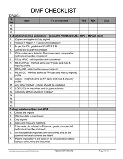 DMF CHECKLIST     
DRUG : 
S. 
No.
Item 
To be checked
YES
NO
SLA
15.
16.
17.
 6. Analytical Method Validations    [45