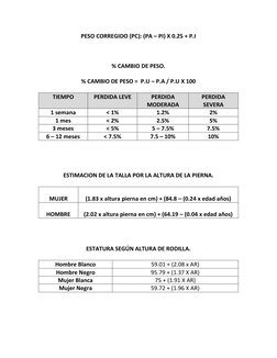 PESO CORREGIDO (PC): (PA – PI) X 0.25 + P.I 
 
 
 
% CAMBIO DE PESO. 
 
% CAMBIO DE PESO =  P.U – P.A / P.U X 100 
 
TIEMPO