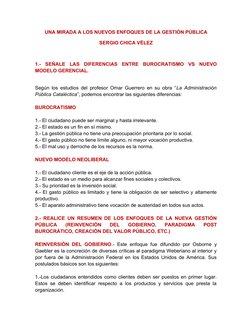 UNA MIRADA A LOS NUEVOS ENFOQUES DE LA GESTIÓN PÚBLICA
SERGIO CHICA VÉLEZ
1.-  SEÑALE  LAS  DIFERENCIAS  ENTRE  BUROCRATISMO