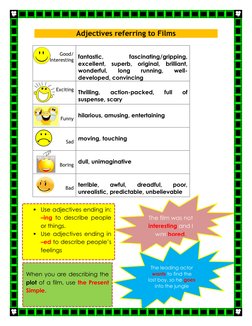 Adjectives referring to Films 
 
 
 
 
 
 
 
 
 
 
 
 
 
 
 
 
 
 
 
 
 
 
Good/ 
Interesting 
 
 
fantastic, 
fascinating/gr