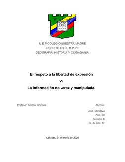 U.E.P COLEGIO NUESTRA MADRE
INSCRITO EN EL M.P.P.E
GEOGRAFIA, HISTORIA Y CIUDADANIA.
Profesor: Amílcar Chirinos