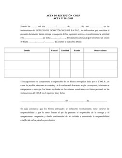 ACTA DE RECEPCIÓN  COLP
ACTA N° 001/2019
Siendo  las  ……..  del  día  …………../……………de……………..del  año……………….  en  las
instalaci