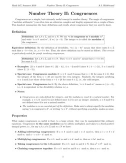 Math 347, Summer 2019
Number Theory II: Congruences
A.J. Hildebrand
Number Theory II: Congruences
Congruences are a simple, b