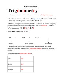 Trigonometry
I officially welcome you to the world of Trigonometry. This world is filled with
a plethora of new things that I