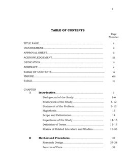 6 
 
 
 
TABLE OF CONTENTS 
 
Page 
Number 
TITLE PAGE………………………………………………………….………. 
i 
INDORSEMENT……………………………………………………….……. 
i