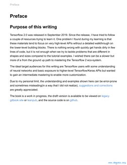 Preface
Purpose of this writing
Tensorflow 2.0 was released in September 2019. Since the release, I have tried to follow
a co
