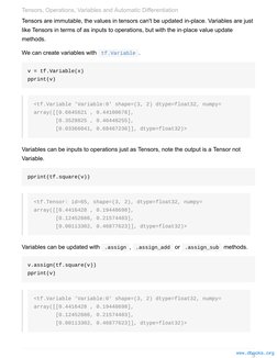 Tensors are immutable, the values in tensors can't be updated in-place. Variables are just
like Tensors in terms of as inputs