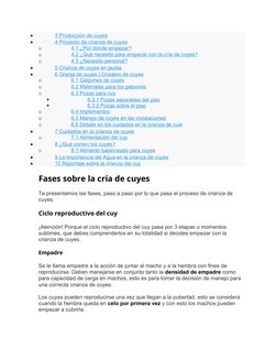 
3    Producción de cuyes
 
 

4    Proyecto de crianza de cuyes
 
 
o
4.1
 
   ¿Por dónde empezar?
 
 
o
4.2
 
   ¿Qué nec
