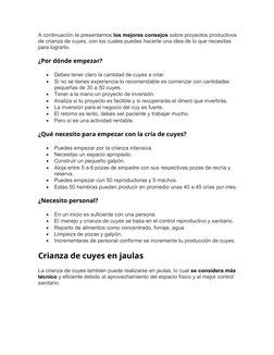 A continuación te presentamos los mejores consejos sobre proyectos productivos 
de crianza de cuyes, con los cuales puedes ha