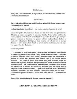 Netilat Lulav • 
Baruj atá Adonai Eloheinu, melej haolam, asher kideshanu bemitzvotav 
vetzivanu al netilat lulav 
Birkat has