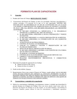 FORMATO PLAN DE CAPACITACIÓN 
 
I. 
Generales 
 
1. Nombre del Centro de Trabajo: RESTAURANTE “MARY” 
 
2. 
Características d