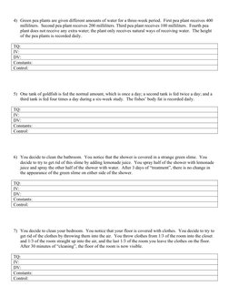 4) Green pea plants are given different amounts of water for a three-week period.  First pea plant receives 400 
milliliters.