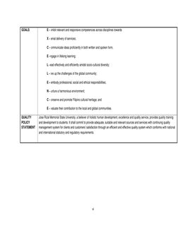 vi 
 
 
 
 
GOALS 
 
E – xhibit relevant and responsive competencies across disciplines towards  
 
X – enial delivery of s