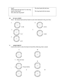 hand?
Which hand tells the hour? Is it the long 
hand or short hand? 
How about the long hand?
The short hand tells the hour.