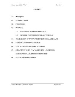 Course Material for PPAP 
 
Rev. No.0 
Nathan & Nathan Consultants Pvt. Ltd. 
 
Page 2  of 18 
CONTENT 
 
 
 
No. 
Descriptio