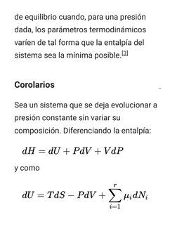 de equilibrio cuando, para una presión
dada, los parámetros termodinámicos
varíen de tal forma que la entalpía del
sistema se