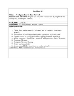 Job Sheet 1.1
Title :     Configure Peer to Peer Network
Performance  Objective: Prepare the computer components & peripheral