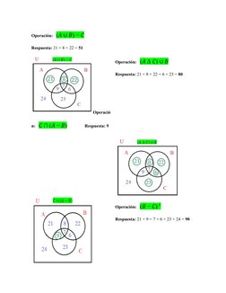 Operación:   (𝐴 ∪ 𝐵) − 𝐶       
Respuesta: 21 + 8 + 22 = 51
Operació
n:   𝐶 ∩ (𝐴 − 𝐵)            Respuesta: 9
Operación