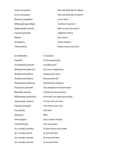 Umay nanasawan
Me está doliendo mi cabeza
Kiruy nanasawan
Me está doliendo mi diente
Ñawiriy p’anqaykita
Lee tu libro
Qillqan