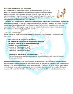 El Calentamiento en los danzores
El Calentamiento es el proceso activo que se realiza previo a la ejecución de 
ejercicios fí