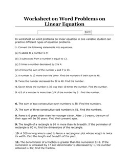 Worksheet on Word Problems on
Linear Equation
 
In worksheet on word problems on linear equation in one variable student can