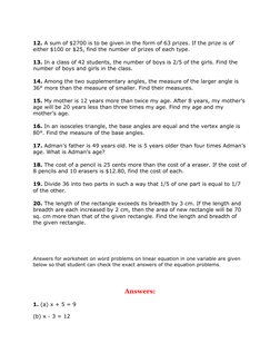 12. A sum of $2700 is to be given in the form of 63 prizes. If the prize is of 
either $100 or $25, find the number of prizes
