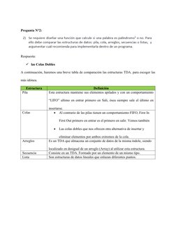 Pregunta N°2:
Respuesta:
las Colas Dobles  
A continuación, haremos una breve tabla de comparación las estructuras TDA. para