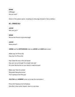 GENIE
(Offstage)
Are you sure?
(Doors of the palace opens, revealing an entourage dressed in fancy clothes.)
(#1 – PRINCE ALI