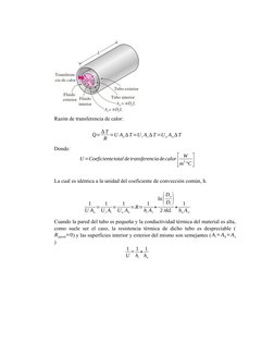 Razón de transferencia de calor:
˙Q= ∆T
R =U As∆T=Ui Ai∆T=U o Ao∆T
Donde:
U =Coeficientetotal detransferencia decalor[
W
m
2℃